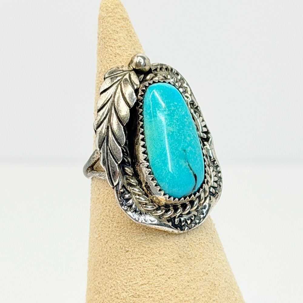 Vintage Navajo Leonard Jim Turquoise Ring Sterling Silver Southwestern Leaf 4.5